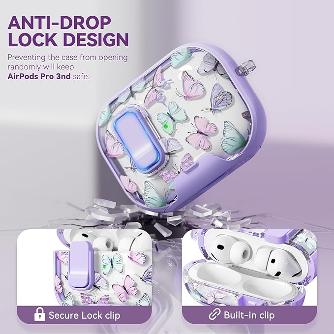 with Safety Lock for AirPods Pro 3 Case 2025,Clear Butterfly Floral Cute Airpods Pro 3rd Generation Case with Phone Stand & Cleaner Kit for Apple AirPods Pro 3 for Women Girly-Purple