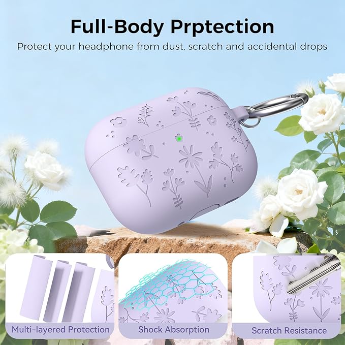 AhaStyle AirPods Pro 3 Case Cover (2025) Flower Engraved Cute Silicone AirPods Pro 3rd Generation Case Full Body Shockproof Cover Skin for Apple AirPods Pro 3rd Gen with Cleaning Kit for Women Girls