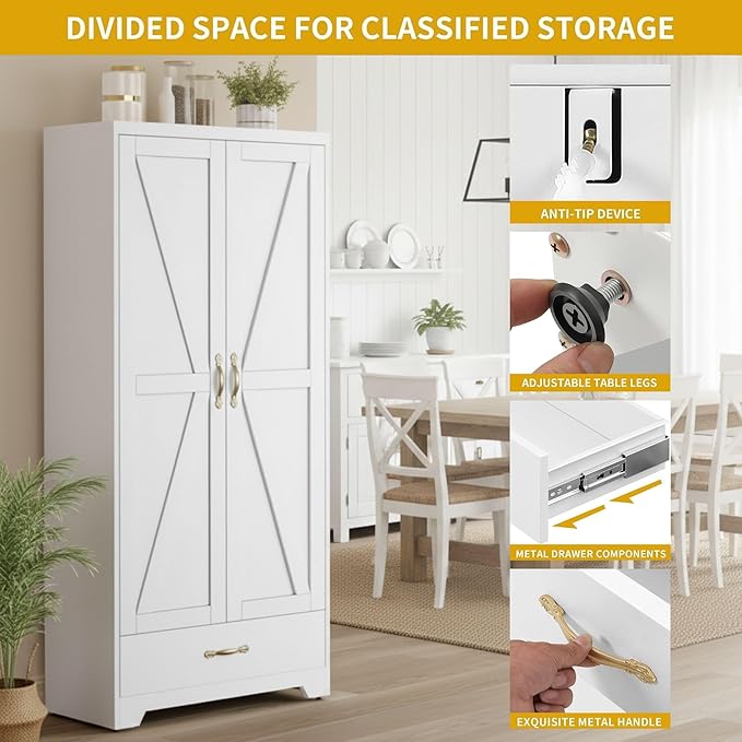 DWVO 62" Pantry Cabinet with Doors and Shelves, Metal Kitchen Storage Cabinet with Magnetic Door & Adjustable Shelves, Farmhouse Tall Cabinet for Dining Room, Kitchen, White