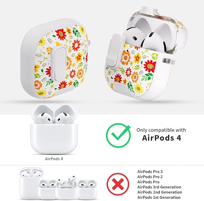 for AirPods 4 Case with Secure Lock Clip in Phone Stand,Floral Girly Style Protective Cover with Cleaning Kit and Hand Strap for Apple AirPod 4 Generation (Sunflower Petals)