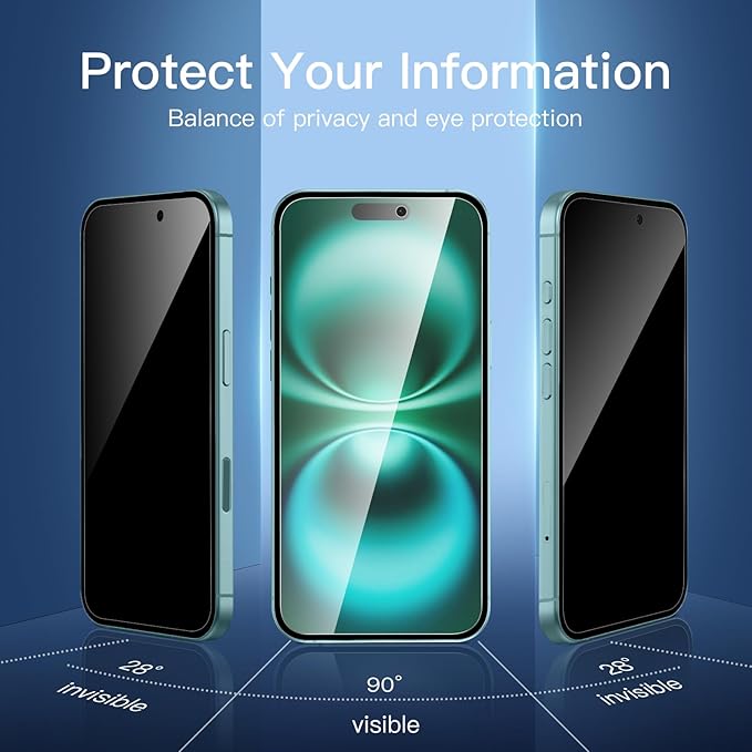NEW'C 3x Privacy for iPhone 16 Plus Screen Protector (6.7 inches)+ 3x Camera Lens Protector, Sensor Protection, Case Friendly Tempered Glass Film - Dust plug, Easy installation tool included