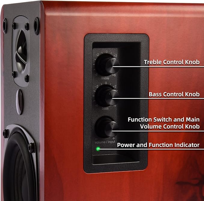 SINGING WOOD BT27 Active Bluetooth Bookshelf Speakers - 60W Powered Studio Monitors, Home Theater Computer Speakers with RCA, Treble/Bass Control, DSP & DRC | HiFi Sound, Wood Grain Finish (Walnut)