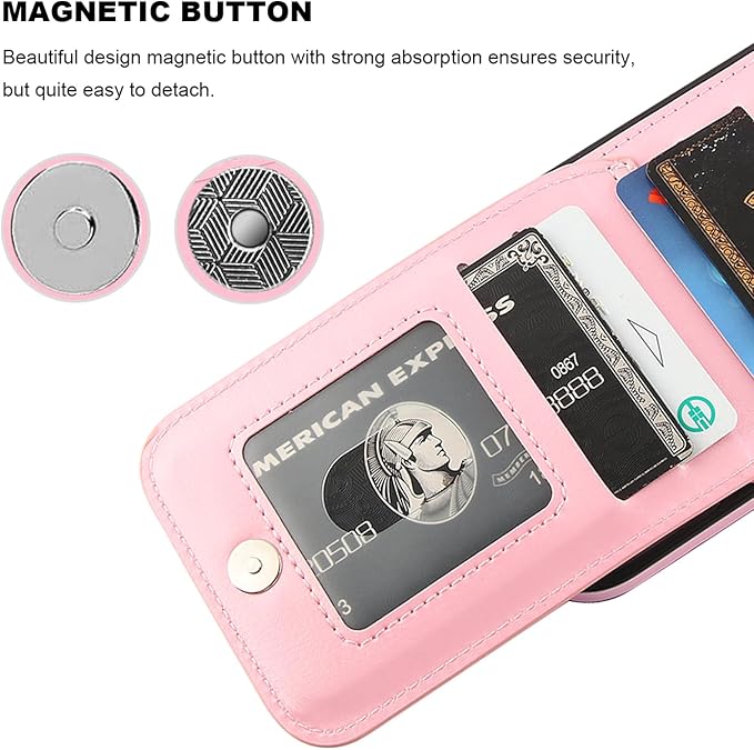 KIHUWEY Compatible with iPhone 17 Case Wallet with Credit Card Holder, Flip Premium Leather Magnetic Clasp Kickstand Heavy Duty Protective Cover for iPhone 17 6.3 Inch (Pink)