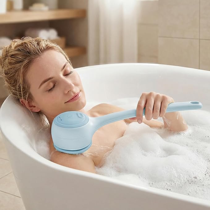 Electric Body Brush Back Scrubber for Shower，5 Replaceable Heads and Hook,Waterproof Long Dual Handle Power Body Scrubber 2 Speeds, for Cleansing Body, Exfoliating and Massaging Skin.