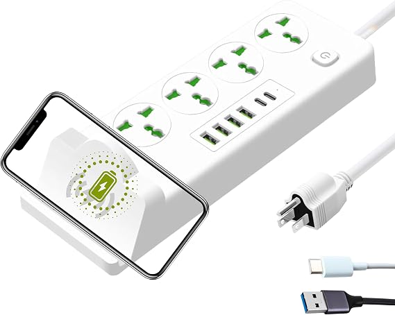 Universal Power Strip with 4 AC Outlets, 4*USB-A & 2*USB-C Ports, Fast Wireless Charging Stand, Surge Protector Extension Cord, Overload Protection Multi-Device Charging Station for Home & Office