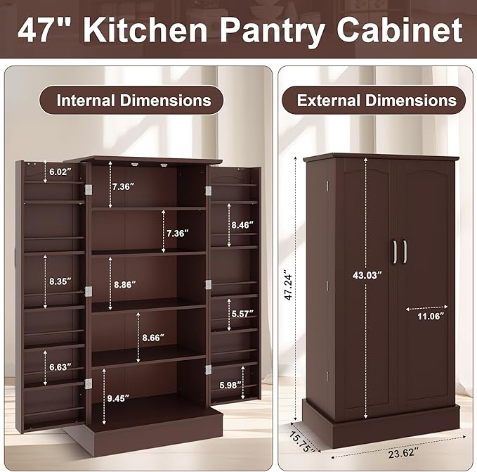 47” Pantry Cabinet, Kitchen Pantry Storage Cabinet with Doors & Adjustable Shelves, Brown Freestanding Buffet Cupboards Sideboard for Living Room and Dinning Room, Sturdy and Durable