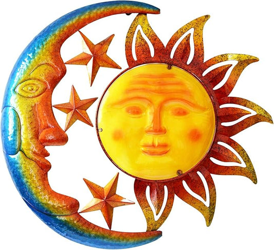 Large 19 Inch Metal Sun Moon Star Wall Art Decor, Bright Color Inspirational Celestial Decor, Resistant to Rust Metal Sculpture Hanging for Indoor Outdoor Home Living Room Office Yard Garden