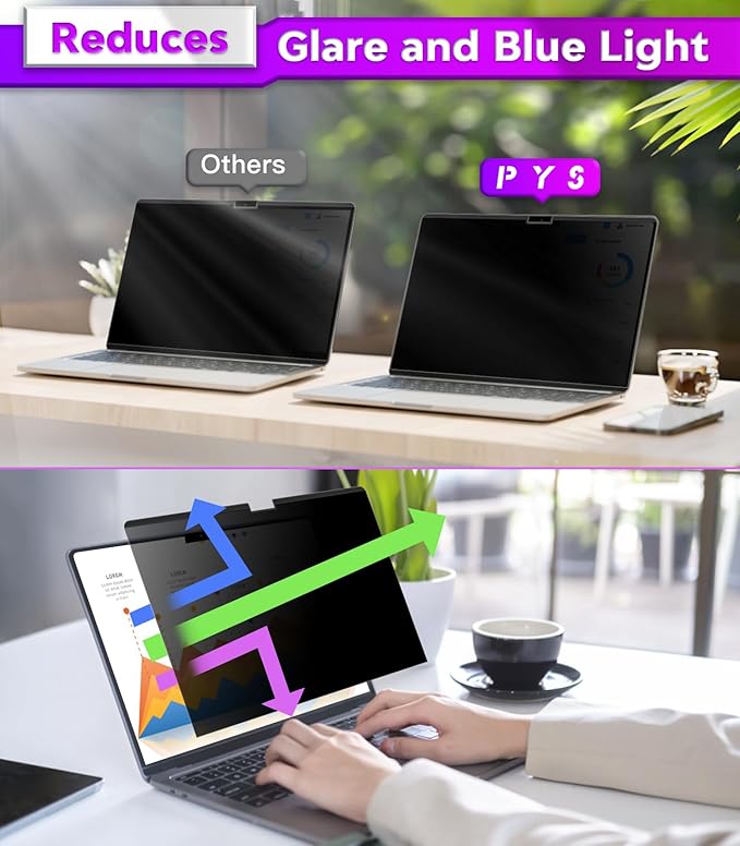 PYS Privacy Screen Protector for MacBook Air 15 Inch (2023-2025, M2, M3, M4) - Nano Attach, Anti-Spy, Reusable & Removable, Blue Light & UV Blocking, Case Friendly