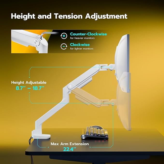 ARES WING Ultrawide Monitor Arm White with USB A/C, Heavy Duty Monitor Arm for 17 to 49 inch Screen, Holds 44 lbs, Adjustable Gas Spring Arm Desk Mount with Clamp and Grommet Base