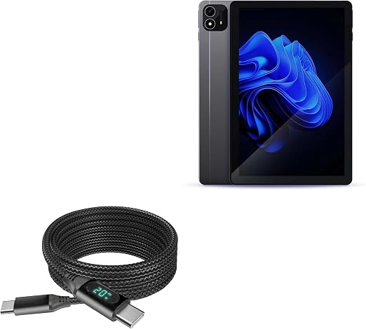 BoxWave Cable Compatible with itel Pad One - PowerDisplay PD Cable (6ft) - USB-C to USB-C (100W), LED Wattage Info Extra Long Braided Nylon - Jet Black
