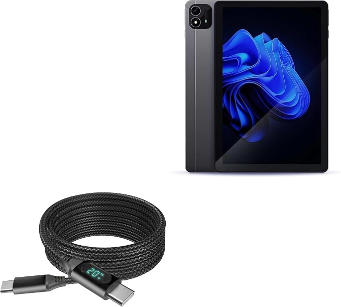 BoxWave Cable Compatible with itel Pad One - PowerDisplay PD Cable (6ft) - USB-C to USB-C (100W), LED Wattage Info Extra Long Braided Nylon - Jet Black