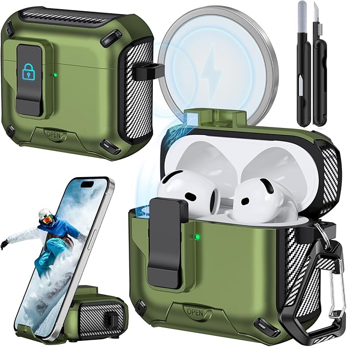 for AirPods 4 Case (2024) with Phone Stand,（with Automatic Snap Switch） Carbon Fiber Design Protection Cover with Cleaning Pen,Dark Green