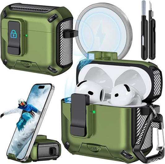 for AirPods 4 Case (2024) with Phone Stand,（with Automatic Snap Switch） Carbon Fiber Design Protection Cover with Cleaning Pen,Dark Green