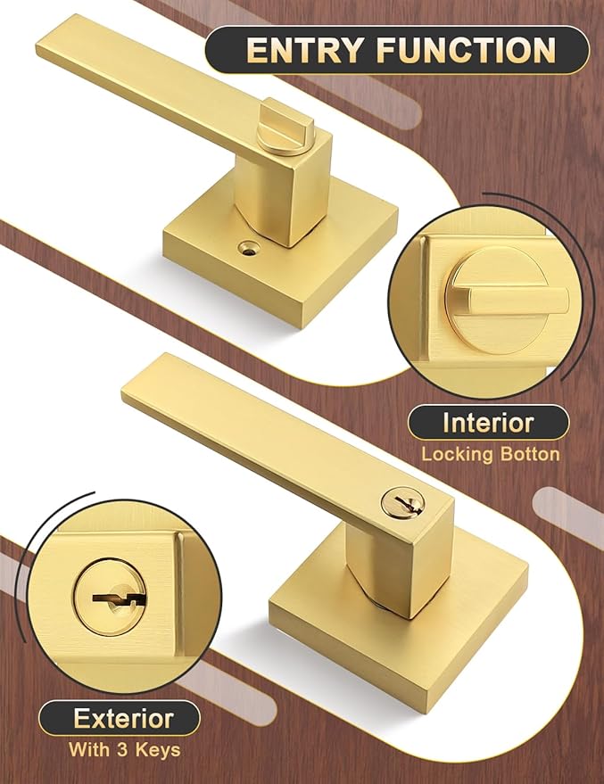 2 Pack Brushed Gold Entry Door Levers with Lock and Key, Satin Brass Keyed Alike Lockset Combo Pack, Entrance Door Handles for Office and Front Door, Door Knobs Lockset (Each with 3 Keys)