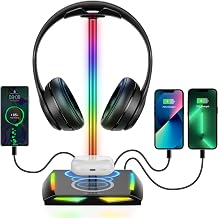 New Bee RGB Headphone Stand with 2 USB-C & 1 USB Charging Ports, Desk Gaming Headset Holder with 7 Light Modes and Non-Slip Rubber Base Suitable for All Earphone Accessories - Image 1