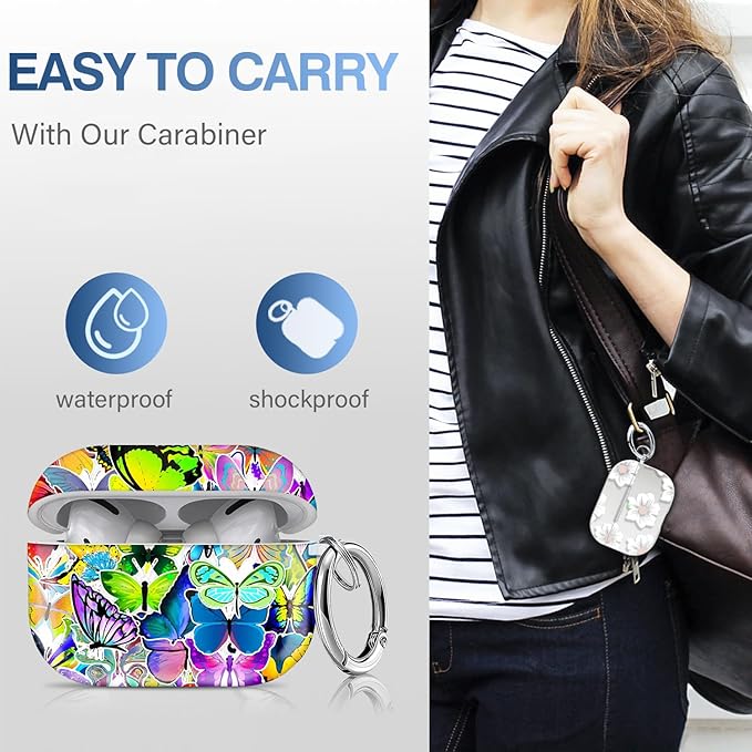 Maxjoy Compatible with AirPods Pro Case Cover, Cute Flowers Soft Protective for AirPod Pro 2019 Charging Case,Purple Green Butterfly Lanyard