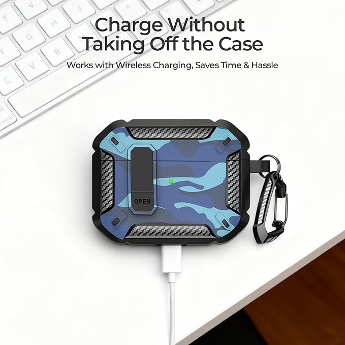 for AirPods Pro 3 Case, Secure Lock Cases Cover with Carabiner Compatible with Airpods Pro 3rd Generation Case, Full Body Shockproof Protective AirPod Case for Men WomenCamouflage Blue