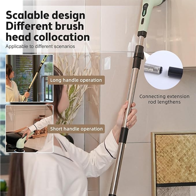 Cordless Spin Scrubber, IPX6 Rated Electric Cleaning Brush w9 Heads and Extension Arm for Bathroom, Tile, Kitchen - Green ABS (6 Replaceable Brush Head)