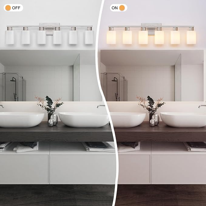 6-Light Bathroom Vanity Light, Brushed Nickel Fixture with Milky White Frosted Glass Shades, Large Over-Mirror Lighting for Bathroom, Modern Vanity Lights