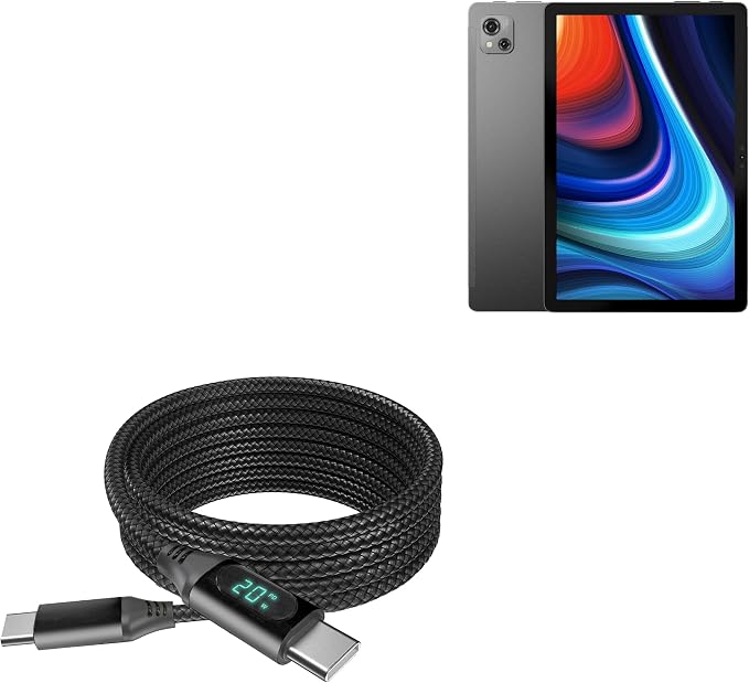 BoxWave Cable Compatible with Blackview Oscal Pad 13 - PowerDisplay PD Cable (6ft) - USB-C to USB-C (100W), LED Wattage Info Extra Long Braided Nylon - Jet Black