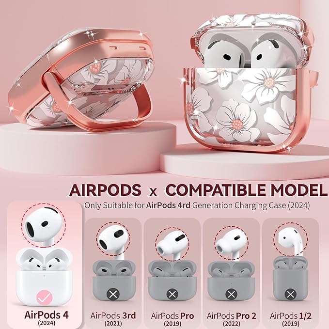 Inesore with Safety Lock for AirPods 4 Case,Clear Floral Cute AirPod 4th Generation Case for Women Girly with Cleaner Kit and Keychain-Black+Gold White Lily