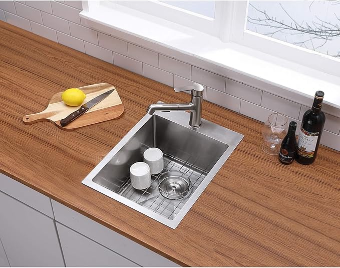 VESLA 15x20 Inch Bar Sink Drop In - Topmount 18 Gauge Stainless Steel Small Kitchen Sink, Single Bowl Brushed Finish for Laundry Wet Bar Prep RV Office Outdoor Yard Use with Bottom Grid & Drain