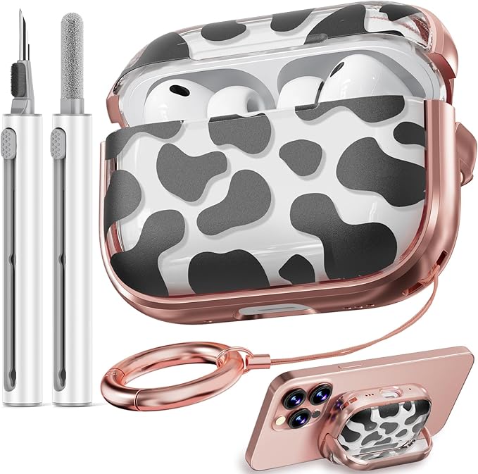 Inesore for AirPods Pro 3 Case 2025 with Lock, for Women Girly Floral Cute Case Compatible with Apple Airpods Pro 3rd Generation Cover, with Phone Stand,Keychain & Cleaner Kit- Cow Print
