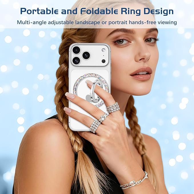 DOMAVER Magnetic Phone Ring Holder, Compatible with MagSafe Phone Grip Stand with 360° Rotation Finger Ring Kickstand for iPhone 17/16/15/14/13/12 Pro Max Plus Air/Other Phones - Silver Glitter
