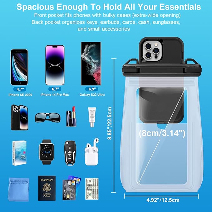 2 Pack Large Waterproof Phone Pouch, Waterproof Phone Case for iPhone 16 15 14 13 Pro Max Galaxy S25 S24 All Devices, IPX8 Double Sealing, Floating Water Proof Bag for Beach Swimming Pool