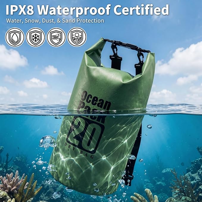 kullder Waterproof Backpack 20L, Army Green Roll Top Water Proof Dry Bag, Heavy Duty Floating Dry Bag for Kayaking Ship Camping, Hiking Backpack with IPX8 Waterproof Phone Pouch-Black, 7"