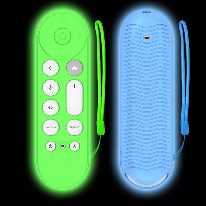 [2 Pcs] Silicone Remote Case for Google TV Streamer 4K Voice Remote 2024,Shockproof Remote Cover for Google TV Streamer 4K Voice Remote, Remote Protective Cover with Lanyard (Glow Blue+Glow Green)