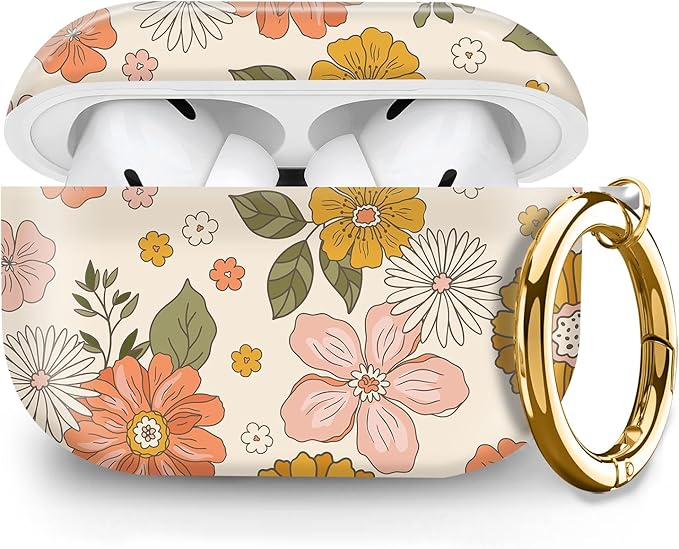 Cute Hard Case Compatible with AirPods Pro 2nd/1st Generation, Protective Cover with Golden Keychain, Fits 2023/2022/2019 Models, for Women, Girls, and Men(Groovy Retro Boho Flower