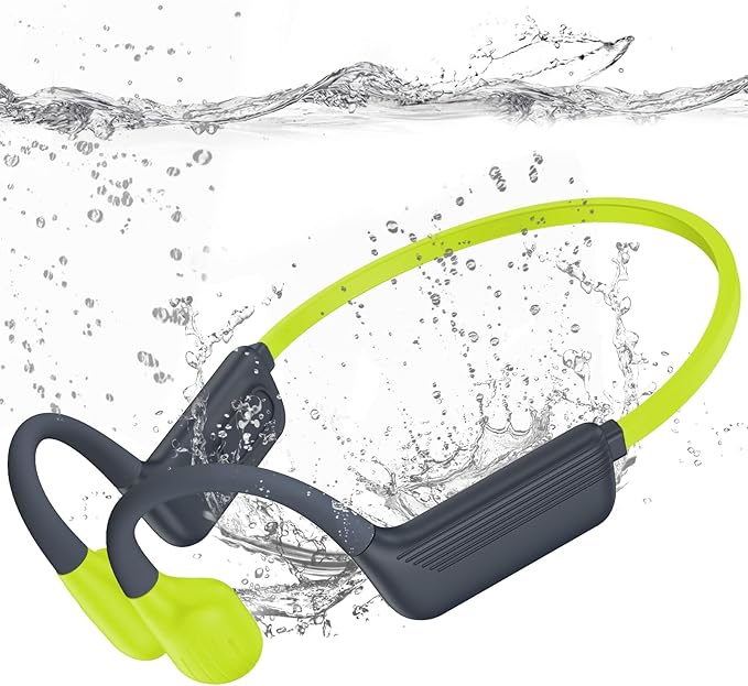 Liquid Silicone Swimming Headphones-Bone Conduction Headphones, IP68 Waterproof Underwater Earphones, LiteSurge Bluetooth Soft/Skin Open Ear Swim Earbuds with 32 GB MP3 Memory for Sport-Neon Green