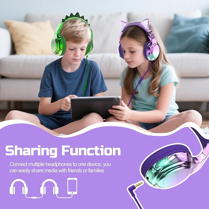 QearFun Kids Cat Ear Headphones Wired with Mic, 85/94dB Safe Volume Limit, Sparkly Wired Headset, Foldable, Sharing Port & Tangle-Free Cord for School, Chromebook, Tablet, Travel, Boys & Girls