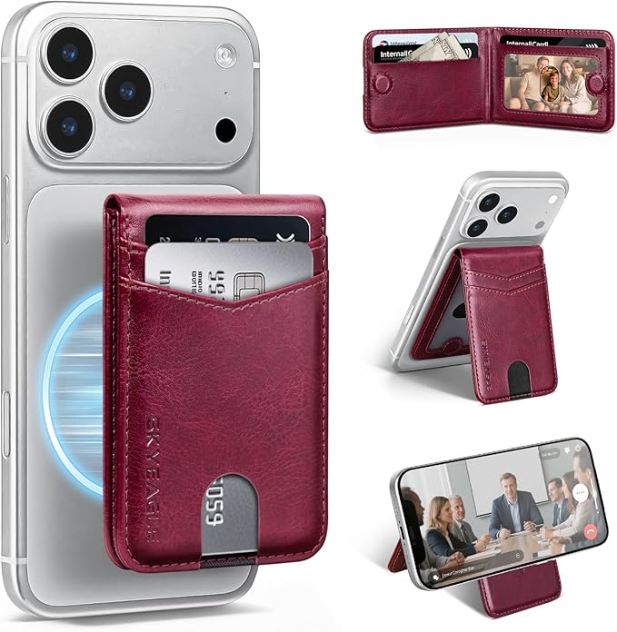 Compatible with Magsafe Case with Card Holder for Men Women Magnetic Ultra-Thin Wallet Bracket Adjustable Bracket for iPhone 17/16/15/14/13/12 Pro/Pro Max/PlusSeries,Wine Red