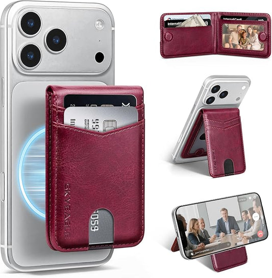 Compatible with Magsafe Case with Card Holder for Men Women Magnetic Ultra-Thin Wallet Bracket Adjustable Bracket for iPhone 17/16/15/14/13/12 Pro/Pro Max/PlusSeries,Wine Red