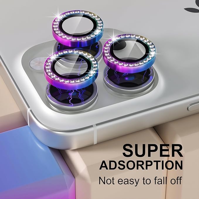 Misea Compatible for iPhone 16 Pro/iPhone 16 Pro Max Camera Lens Protector Bling, 9H Tempered Glass Camera Cover Screen Protector Metal Individual Ring Protector Accessories, Colorful Diamond