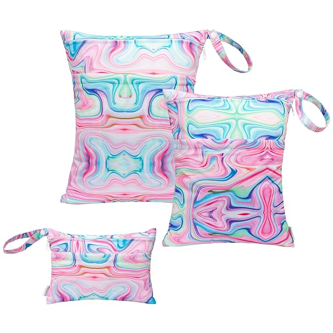 ALVABABY 3pcs Baby Cloth Diaper Wet/Dry Bags|Waterproof Reusable with Two Pockets|Travel, Beach, Pool, Daycare, Soiled Baby Items,Yoga，Gym Bag for Swimsuits or Wet Clothes Pink impression 3L-BS04