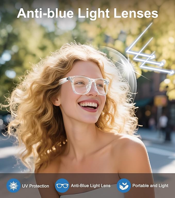 Smart Glasses for Men & Women, Built-in Mic & Speakers Bluetooth Audio Glasses, Blue Light Filter & Polarized UV 400 Protection Lenses Open-Ear Bluetooth Glasses for Android iOS, White