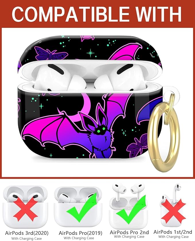 Compatible with Airpod Pro 2nd/1st Generation,Full Protection Cover for Women,Accessories Hard Case Portable & Shockproof for Airpod Pro 2nd Charging Case 2023/2022/2019(Purple Bat Gothic)