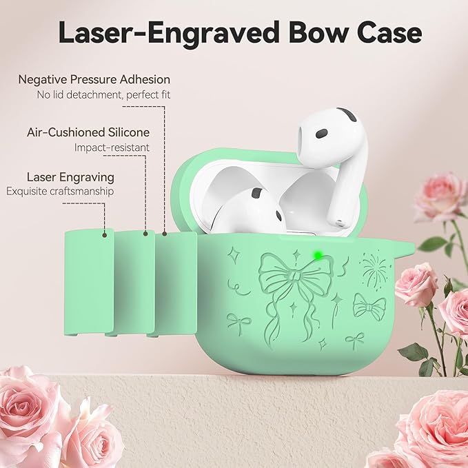 for Airpods 4 Case Cover, Joremx Cute Bow Engraved Silicone Protective Case Cover with Keychain, Cleaner Kit for AirPods 4th Generation Case 2024 (Mint Green)
