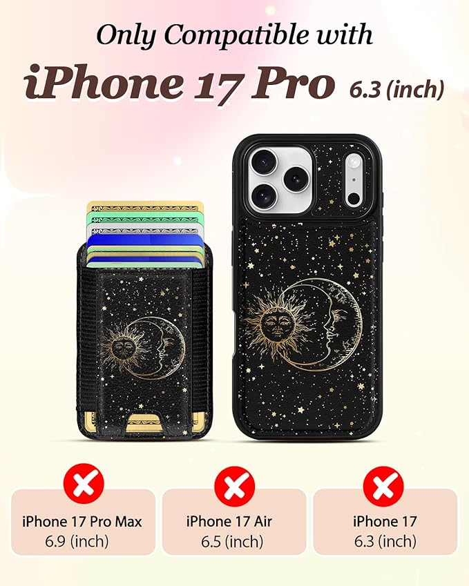 Shorogyt for iPhone 17 Pro Case Wallet - Fits 5 Cards, Compatible with Magsafe Detachable Magnetic Credit Card Holder Leather Cardholder Cute Phone Cover Women Girls for Apple 17Pro, Sun Moon