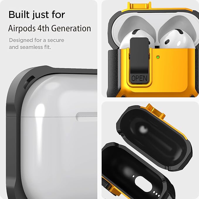 for Airpods 4 Case with Lock Clip, Rugged Apple Airpods 4th Generation Cover 2024 Men Women, Armor Shockproof iPod 4 Gen Protective Hard Shell with Carabiner&Cleaner kit,Black/Yellow