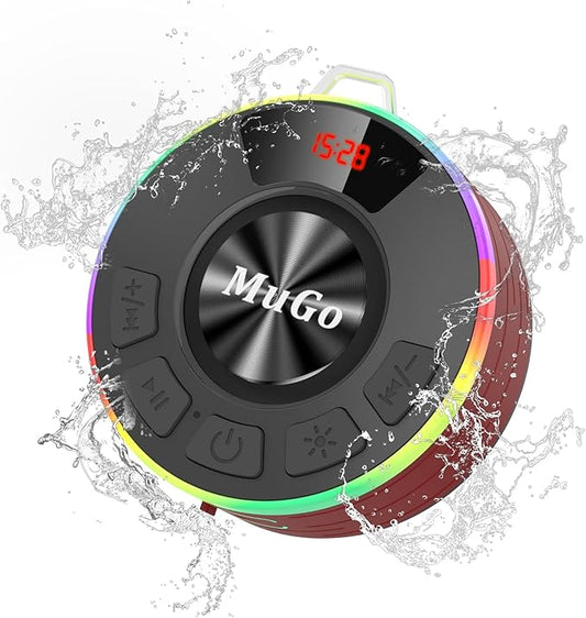 MuGo Bluetooth Shower Speaker, 360° HD Stereo Sound, IPX7 Waterproof Wireless Speaker Bluetooth 5.4 with RGB Lights, Suction Cup and Microphone, Small Shower Radio for Home/Party/Outdoor/Gifts