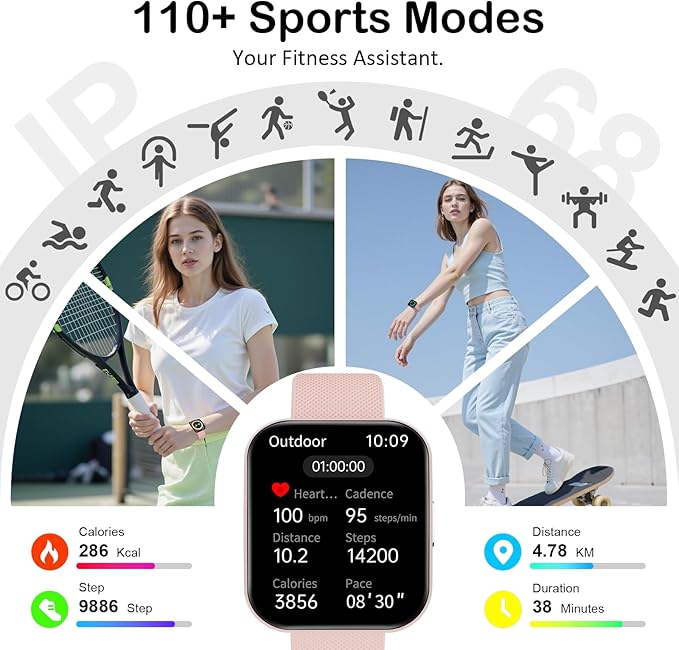 Smart Watch for Men Women, Bluetooth Calls, AI Dial,AI Q&A,1.85" HD AMOLED Curved Display Fitness Watch with Heart Rate/SpO2/Stress Monitor, Pedometer,110+ Sports Waterproof IP68 Smartwatch, Beige
