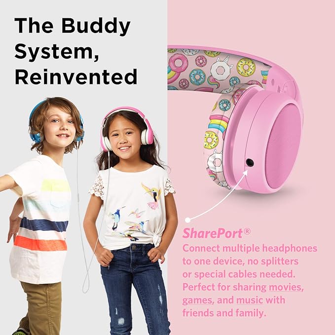 LilGadgets Girls Wired Headphones - Pink Doughnut On-Ear Ages 3+ - Built-in Mic & SoftTouch Padding - SharePort Audio Sharing - Detachable Braided Cable & Volume-Limiting Safety