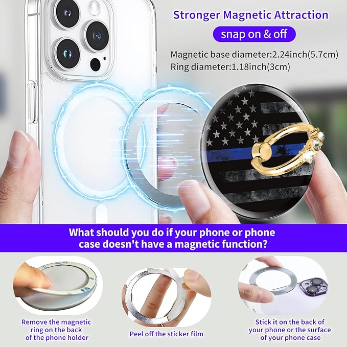 Magnetic Phone Ring Holder Compatible with MagSafe, Cute Phone Grip Stand with 360° Rotation Gold Glitter Finger Ring Kickstand Accessories for Most Phones Black Blue American Flag