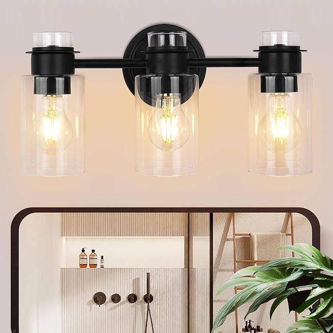 3-Light Bathroom Vanity Light Fixture over Mirror, Matte Black Modern Wall Sconces, Clear Glass Shade & Rustproof Design for Bathroom, Bedroom, Hallway Lighting, E26 Base (Bulbs Not Included)