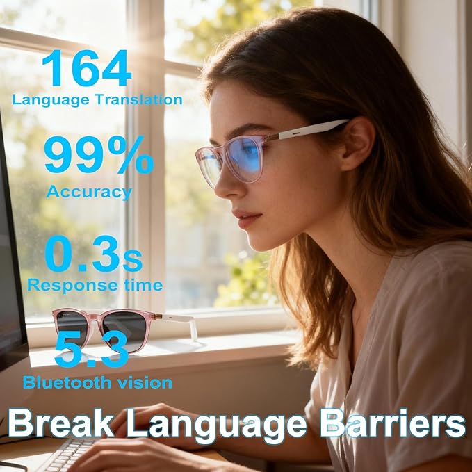Smart Glasses with Photochromic Lenses for Men and Women AI Translation Smart Glasses with Translator 164 Languages IP67 Waterproof Bluetooth Glass Blue Light Protection