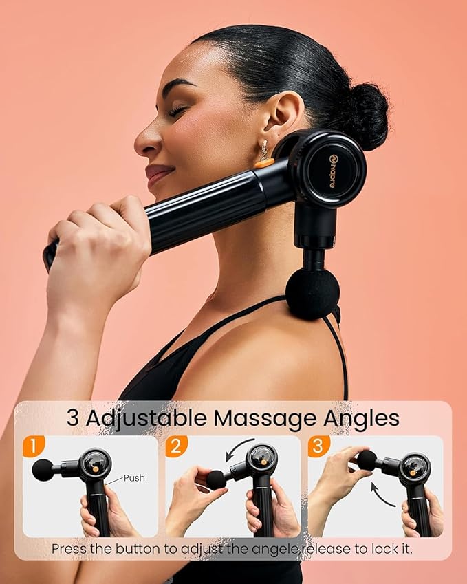 NAPRE Massage Gun with Extension Handle and 3 Adjustable Angles,Deep Tissue Back Massage for Neck/Shoulders/Waist/Legs/Body Pain Relief,Handheld Percussion Muscle Massager with Portable Case,Black